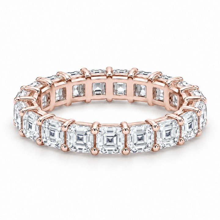 Asscher lab-grown diamond eternity band, 3.0mm, 14K rose gold, angled view
