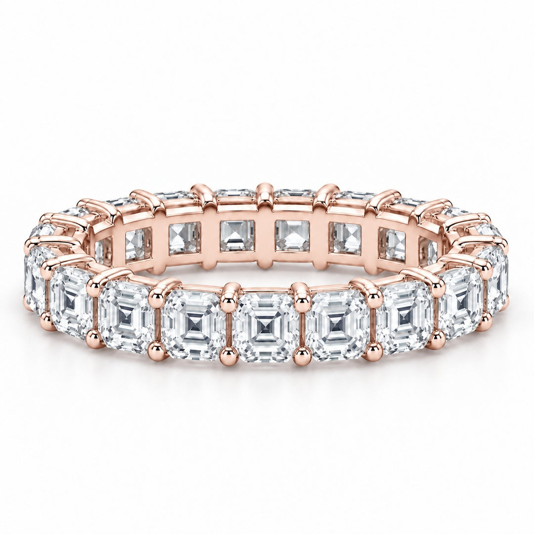 Asscher lab-grown diamond eternity band, 3.0mm, 14K rose gold, front view