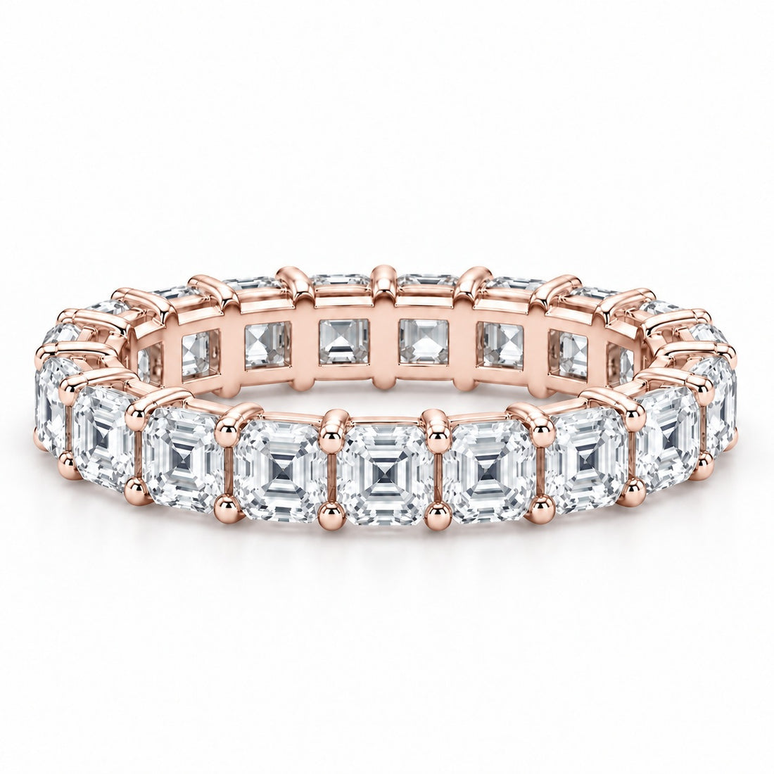 Asscher lab-grown diamond eternity band, 3.0mm, 14K rose gold, front view