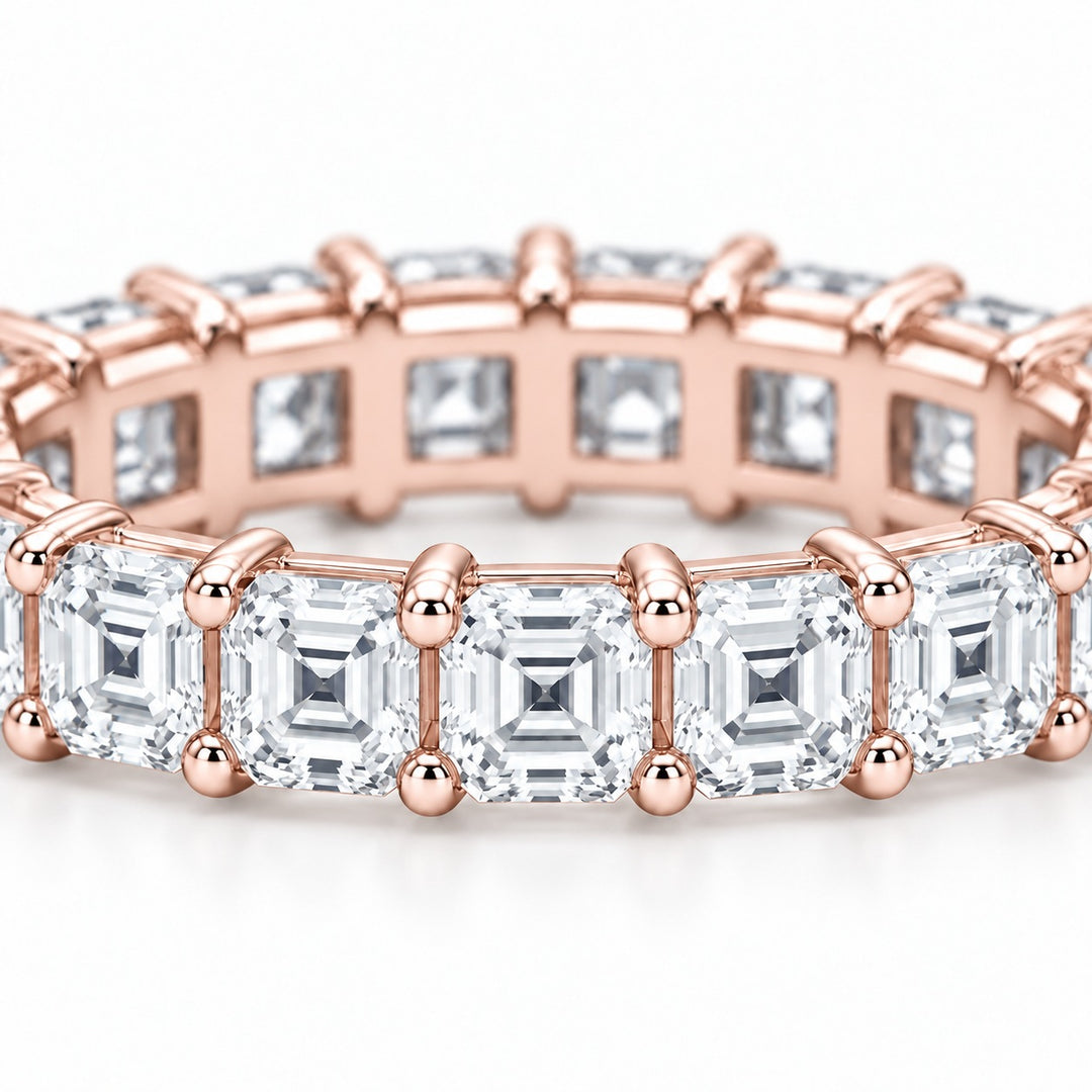 Asscher lab-grown diamond eternity band, 3.0mm, 14K rose gold, close-up of the stones