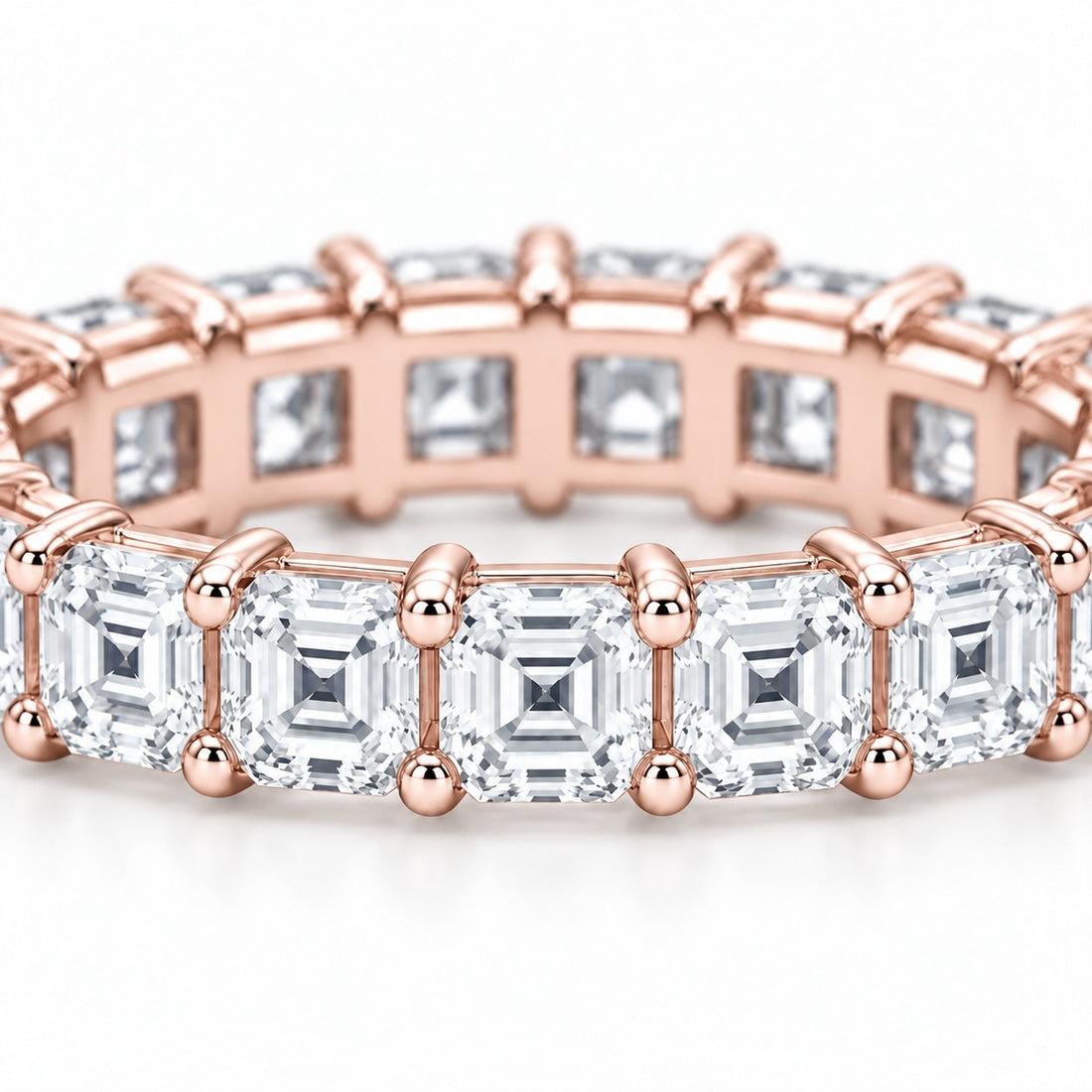 Asscher lab-grown diamond eternity band, 3.0mm, 14K rose gold, close-up of the stones