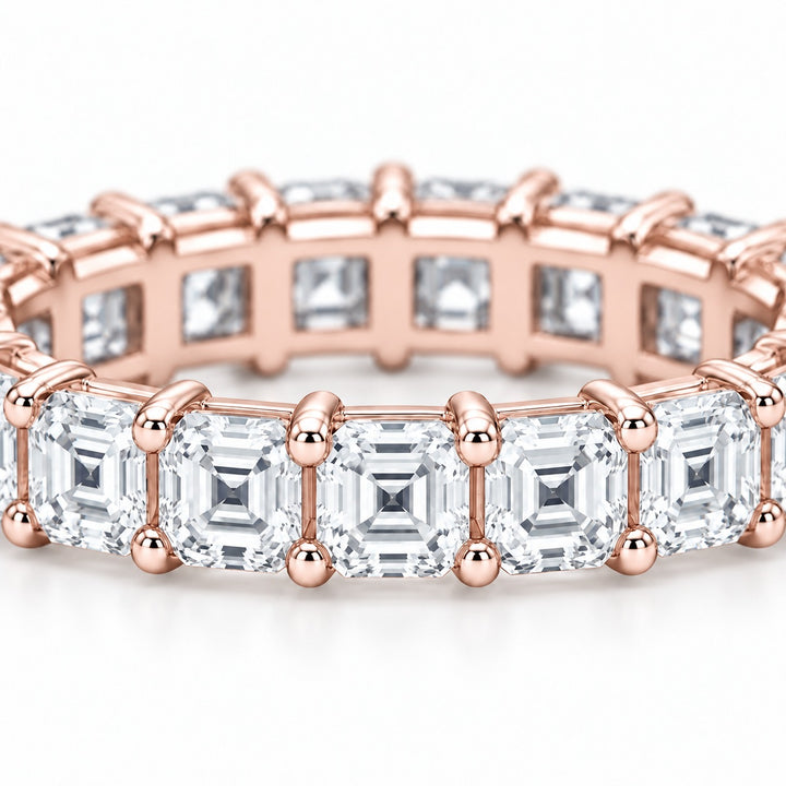 Asscher lab-grown diamond eternity band, 3.0mm, 14K rose gold, close-up of the stones