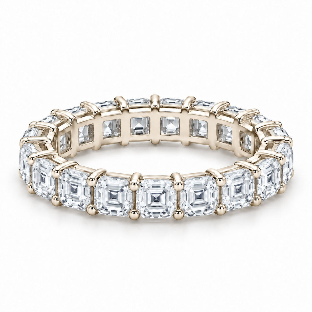 Asscher lab-grown diamond eternity band, 3.0mm, 14K yellow gold, angled view