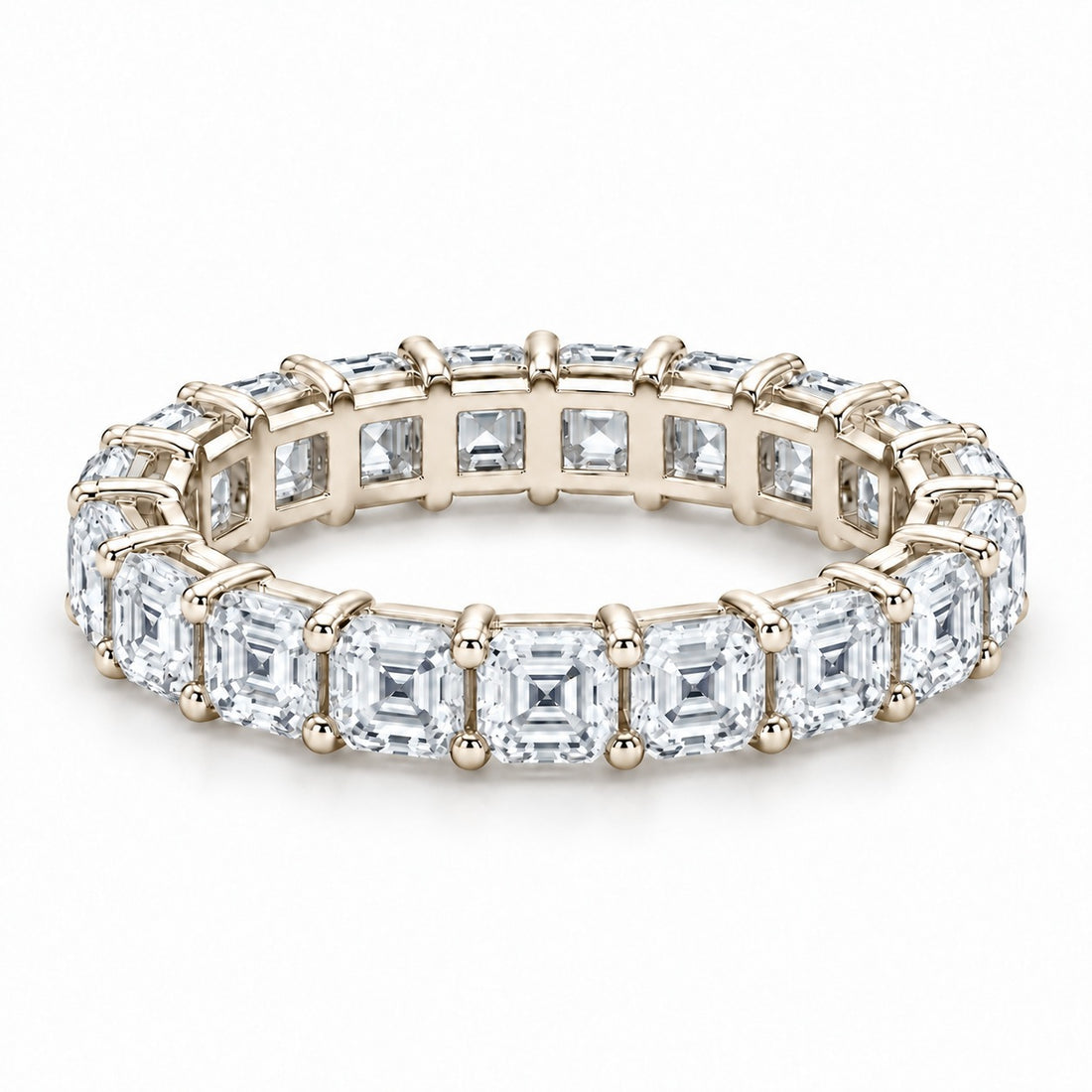 Asscher lab-grown diamond eternity band, 3.0mm, 14K yellow gold, angled view