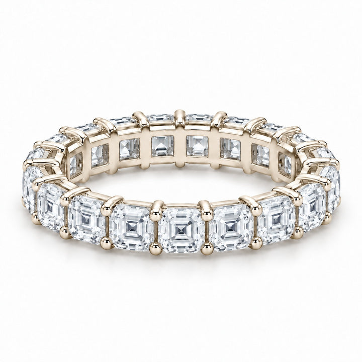 Asscher lab-grown diamond eternity band, 3.0mm, 14K yellow gold, angled view