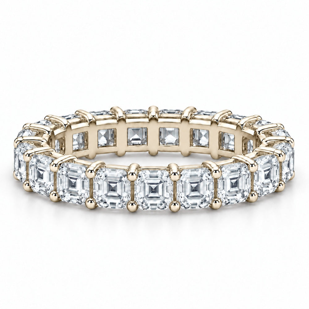 Asscher lab-grown diamond eternity band, 3.0mm, 14K yellow gold, front view