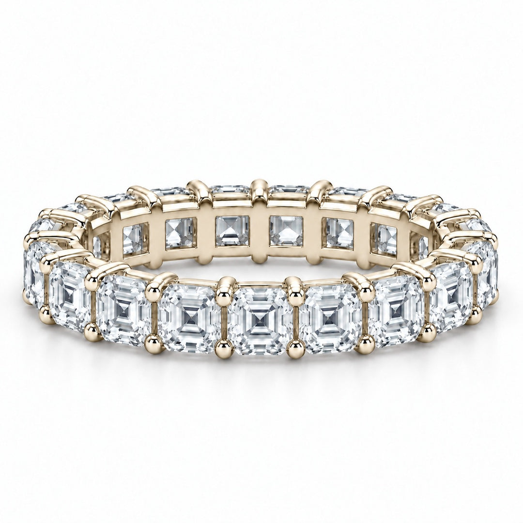 Asscher lab-grown diamond eternity band, 3.0mm, 14K yellow gold, front view