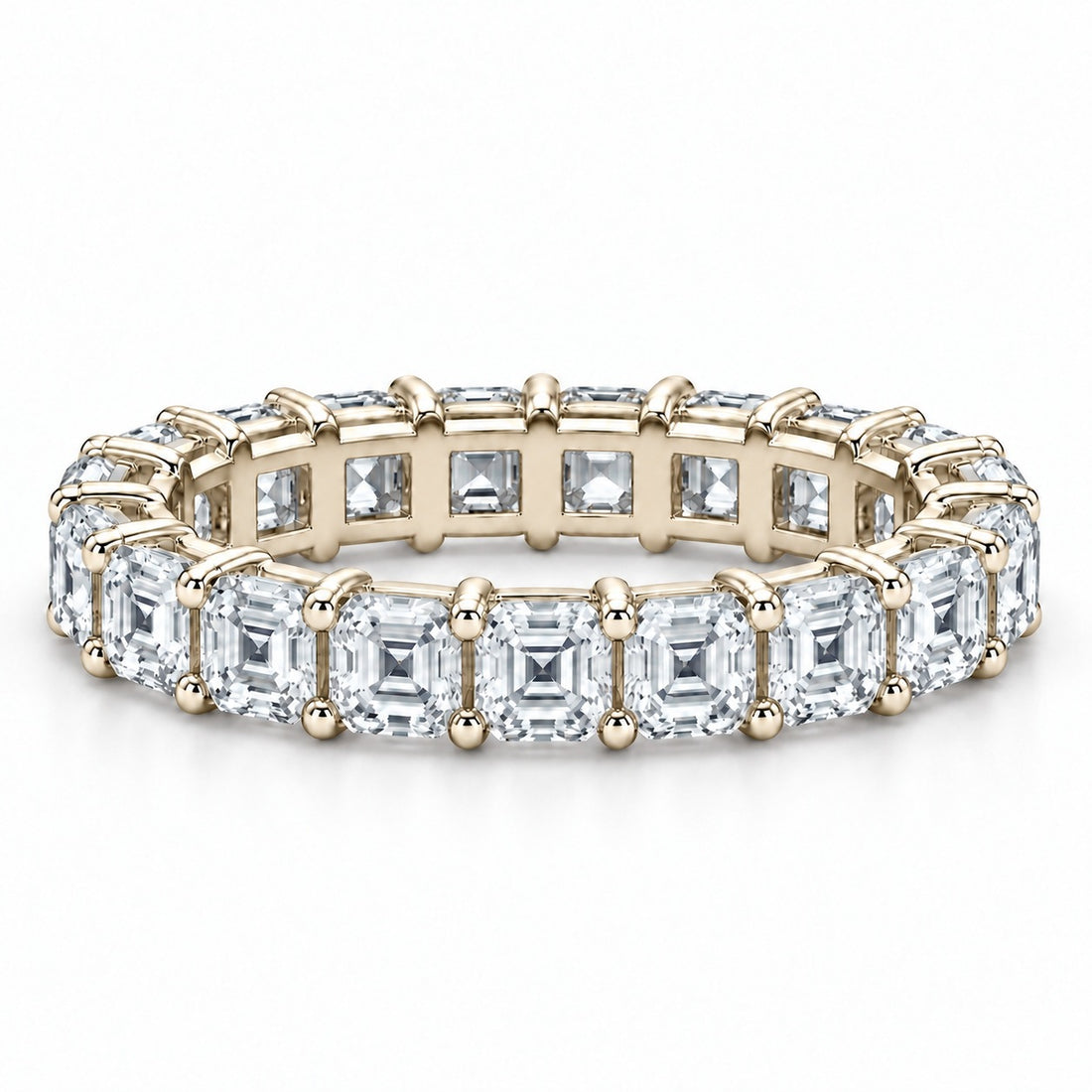 Asscher lab-grown diamond eternity band, 3.0mm, 14K yellow gold, front view