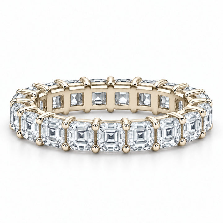 Asscher lab-grown diamond eternity band, 3.0mm, 14K yellow gold, front view