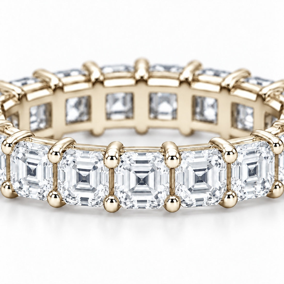 Asscher lab-grown diamond eternity band, 3.0mm, 14K yellow gold, close-up of the stones