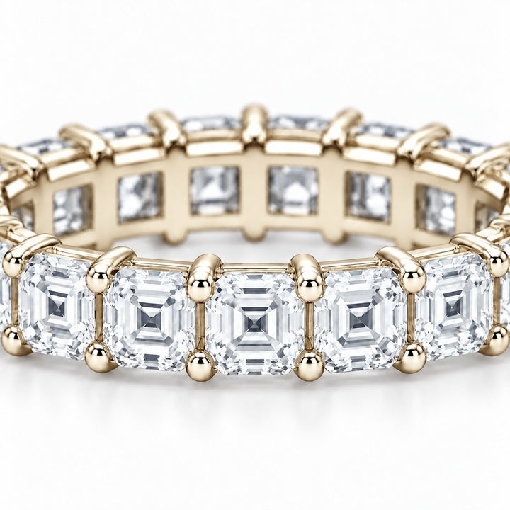 Asscher lab-grown diamond eternity band, 3.0mm, 14K yellow gold, close-up of the stones