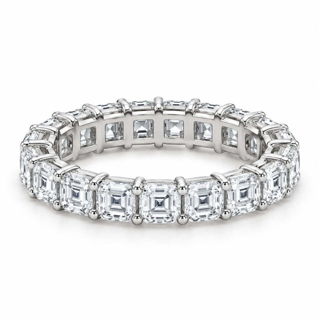 Asscher lab-grown diamond eternity band, 3.0mm, 14K white gold, angled view