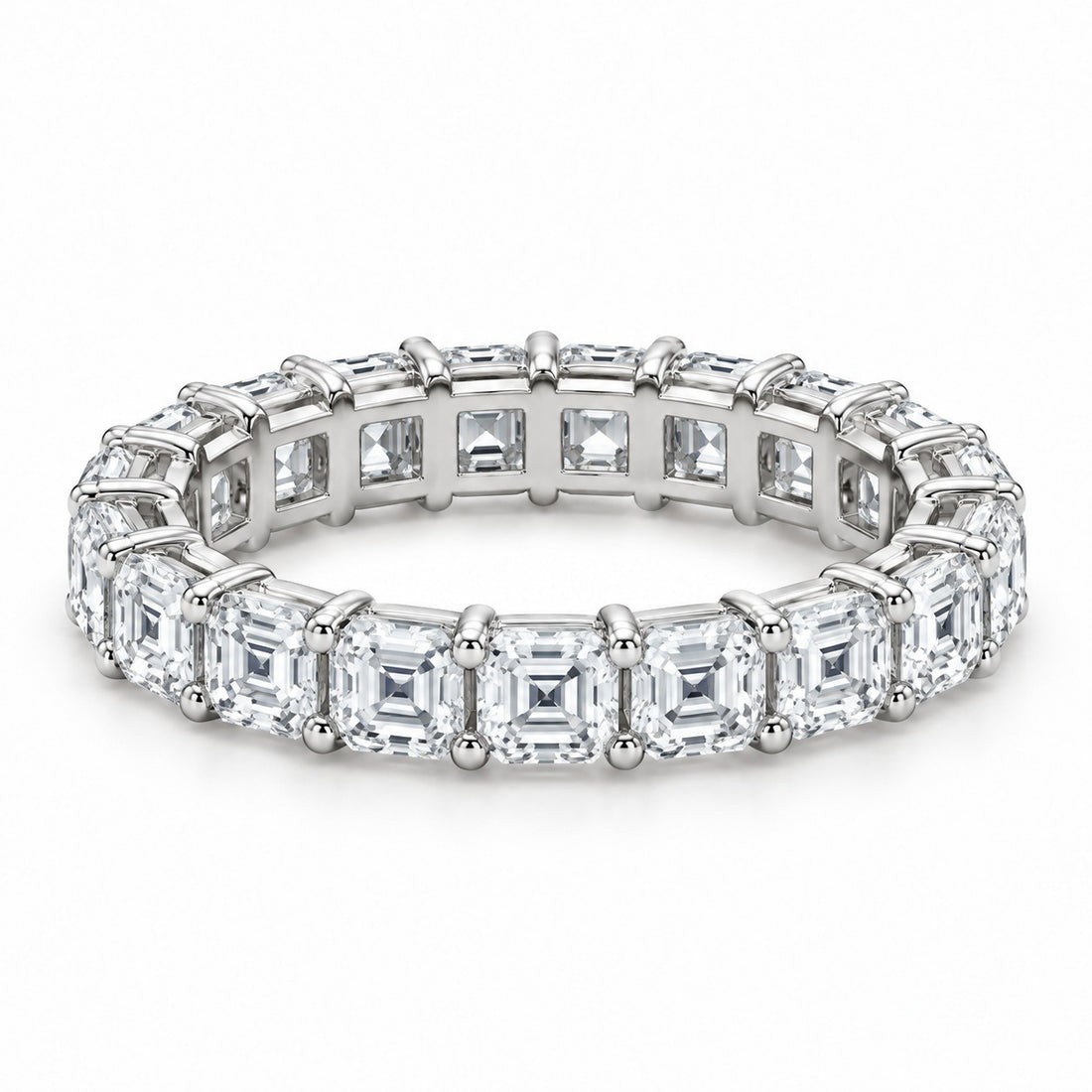 Asscher lab-grown diamond eternity band, 3.0mm, 14K white gold, angled view