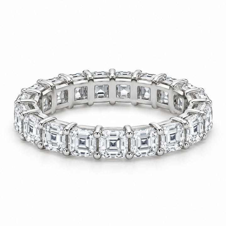 Asscher lab-grown diamond eternity band, 3.0mm, 14K white gold, angled view