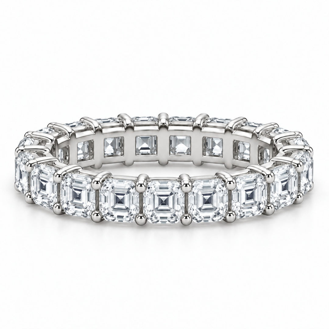 Asscher lab-grown diamond eternity band, 3.0mm, 14K white gold, front view