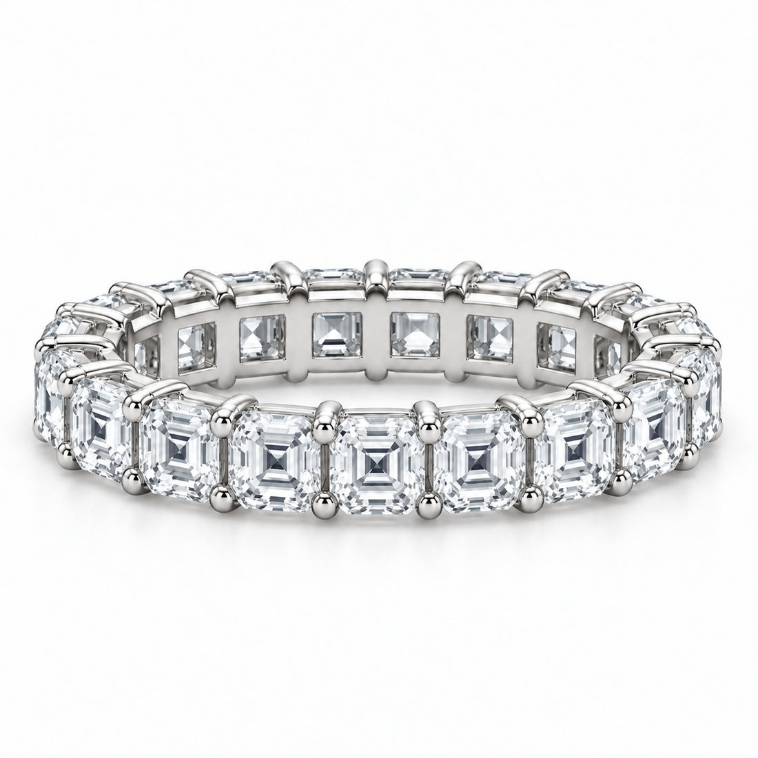 Asscher lab-grown diamond eternity band, 3.0mm, 14K white gold, front view