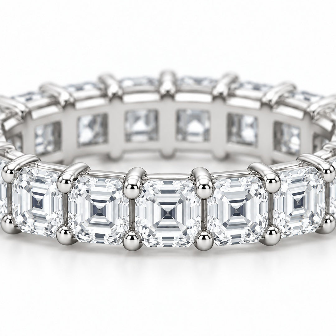 Asscher lab-grown diamond eternity band, 3.0mm, 14K white gold, close-up of the stones