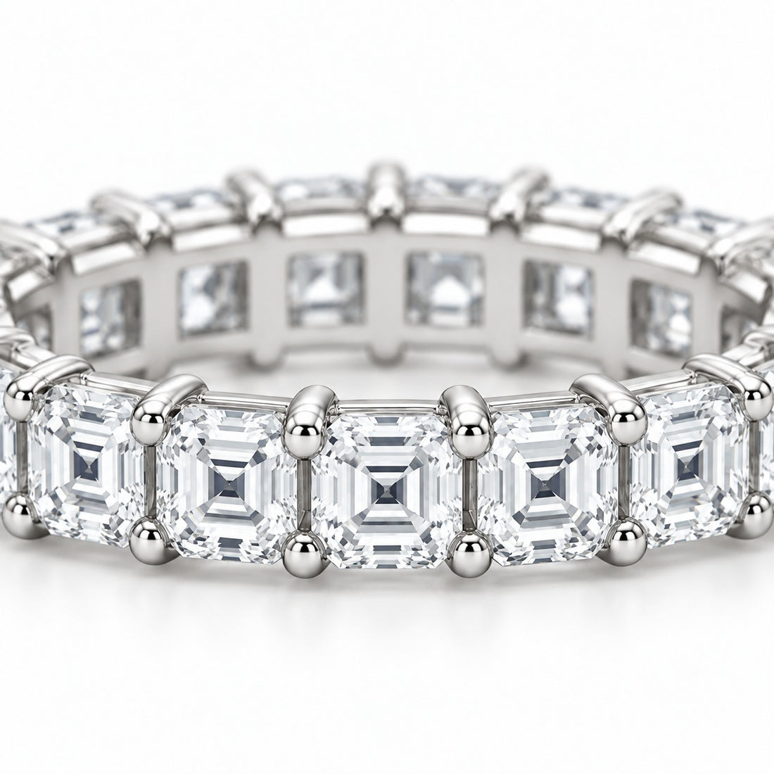 Asscher lab-grown diamond eternity band, 3.0mm, 14K white gold, close-up of the stones