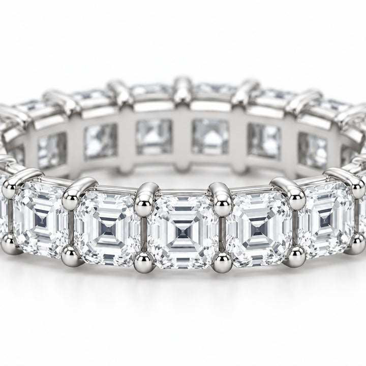 Asscher lab-grown diamond eternity band, 3.0mm, 14K white gold, close-up of the stones