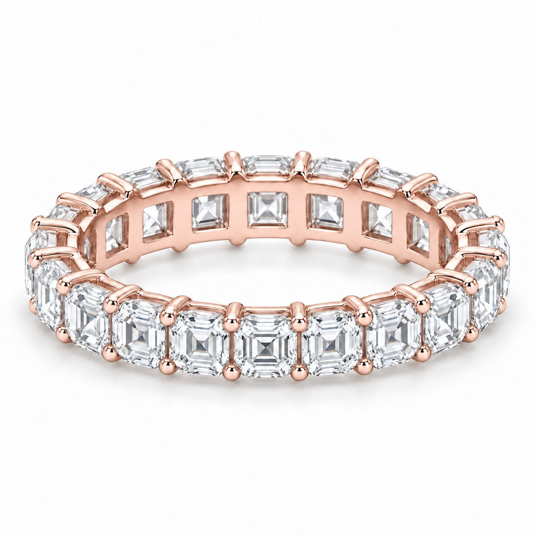 Asscher lab-grown diamond eternity band, 3.5mm, 14K rose gold, angled view
