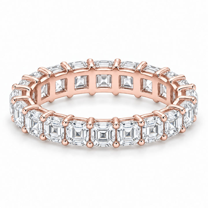 Asscher lab-grown diamond eternity band, 3.5mm, 14K rose gold, angled view