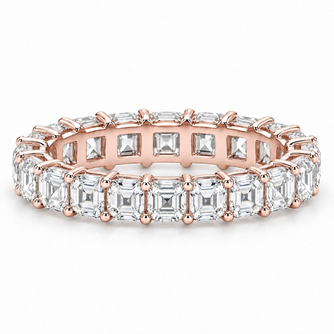 Asscher lab-grown diamond eternity band, 3.5mm, 14K rose gold, front view