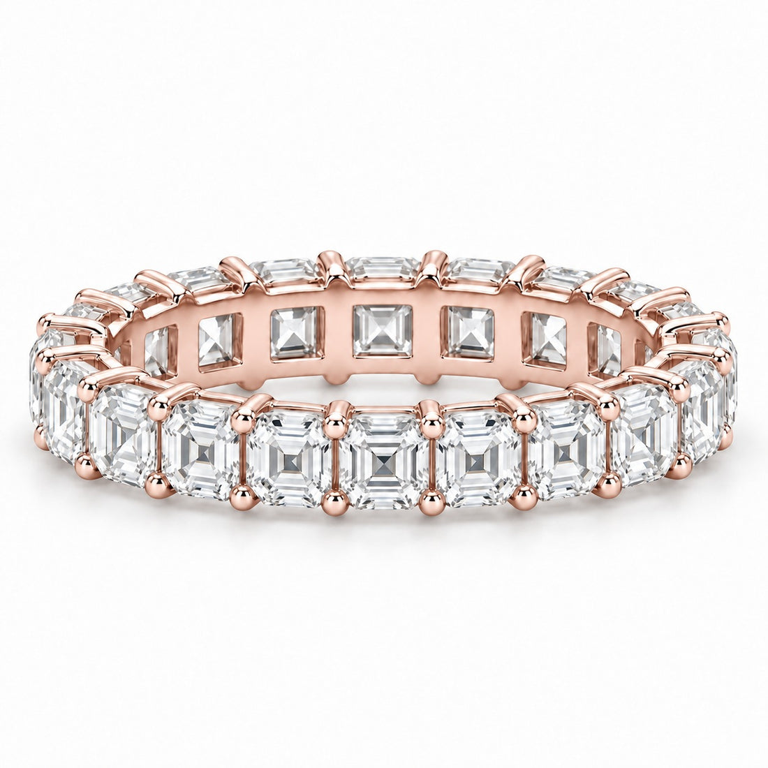 Asscher lab-grown diamond eternity band, 3.5mm, 14K rose gold, front view