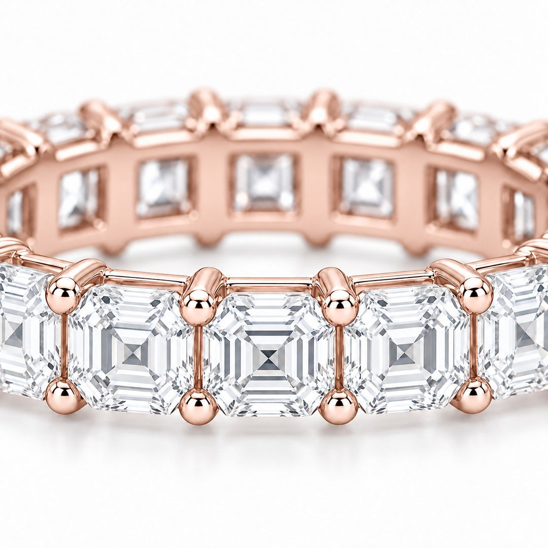 Asscher lab-grown diamond eternity band, 3.5mm, 14K rose gold, close-up of the stones