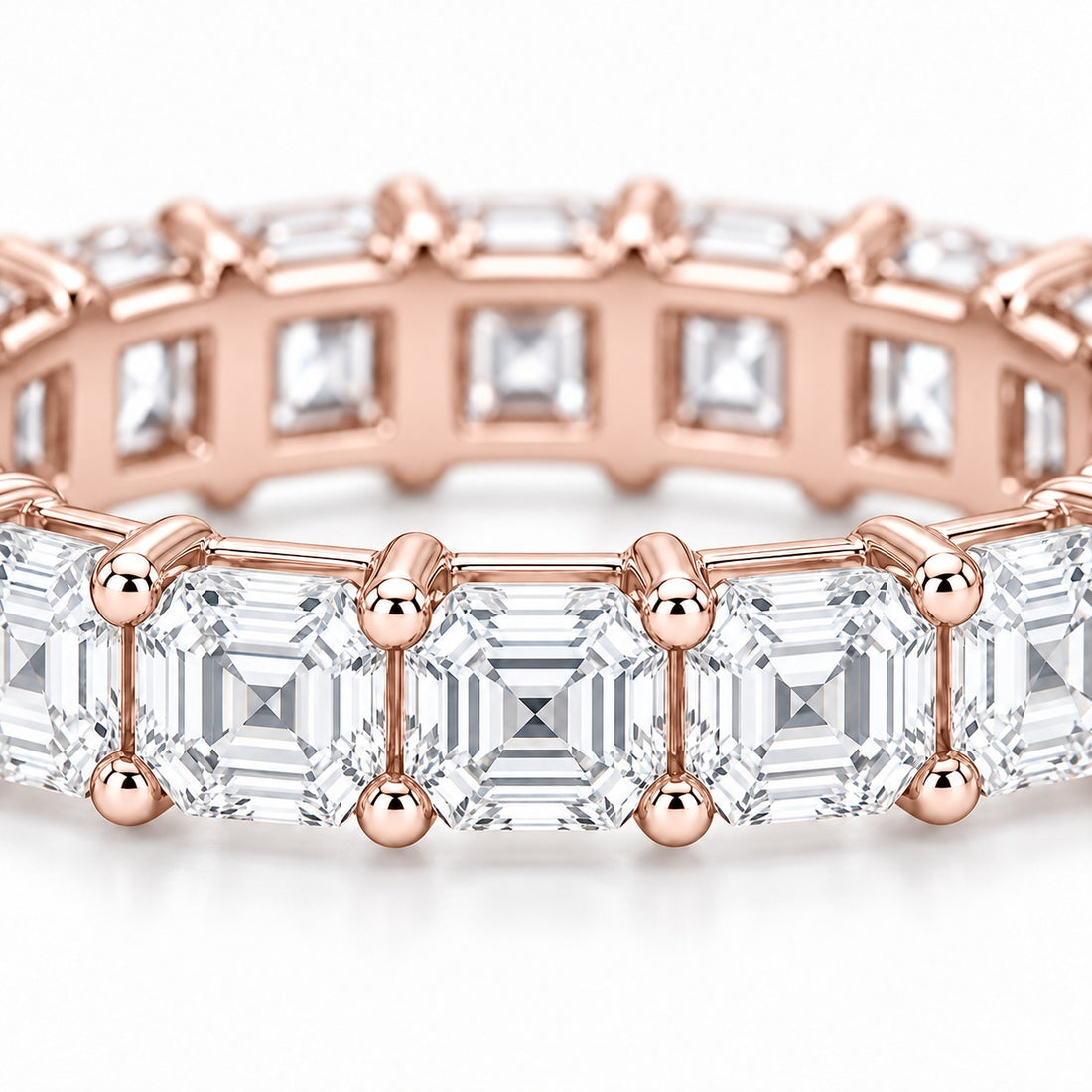 Asscher lab-grown diamond eternity band, 3.5mm, 14K rose gold, close-up of the stones