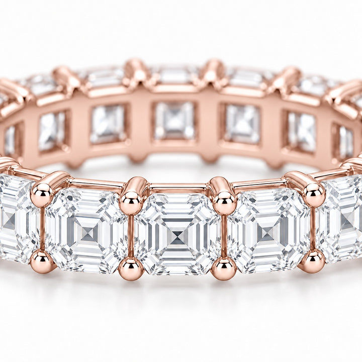 Asscher lab-grown diamond eternity band, 3.5mm, 14K rose gold, close-up of the stones