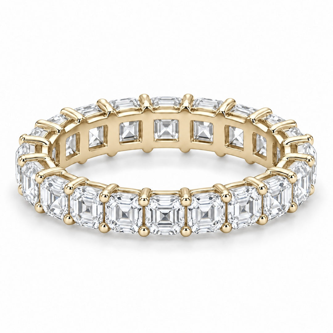Asscher lab-grown diamond eternity band, 3.5mm, 14K yellow gold, angled view