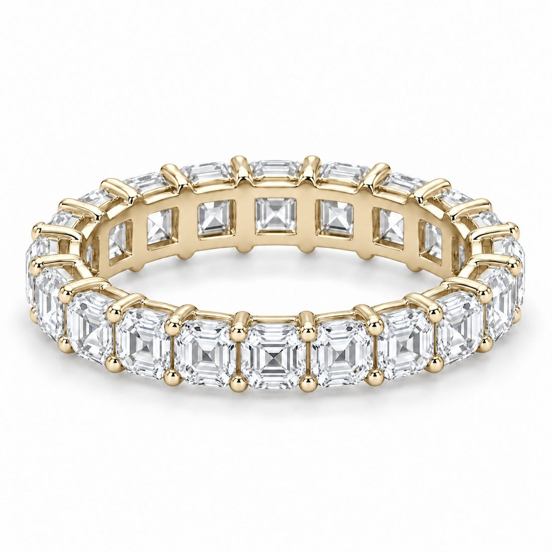 Asscher lab-grown diamond eternity band, 3.5mm, 14K yellow gold, angled view