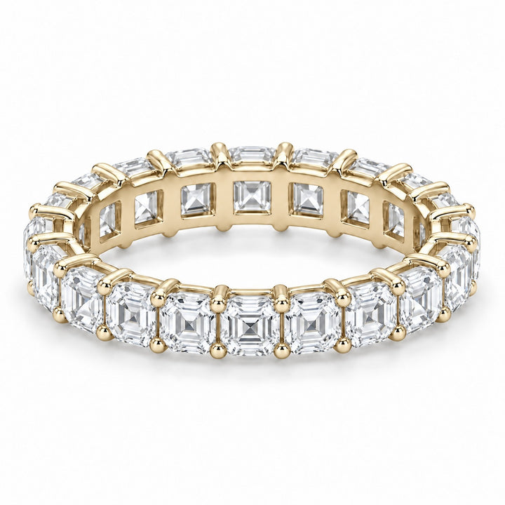 Asscher lab-grown diamond eternity band, 3.5mm, 14K yellow gold, angled view