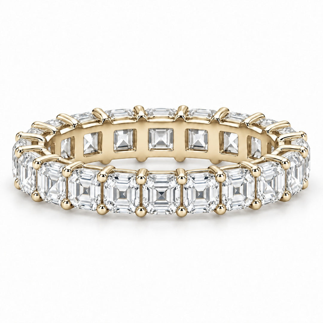Asscher lab-grown diamond eternity band, 3.5mm, 14K yellow gold, front view