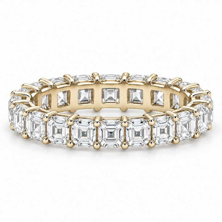 Asscher lab-grown diamond eternity band, 3.5mm, 14K yellow gold, front view