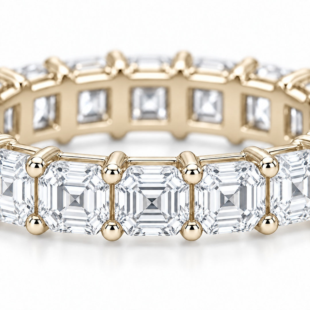 Asscher lab-grown diamond eternity band, 3.5mm, 14K yellow gold, close-up of the stones