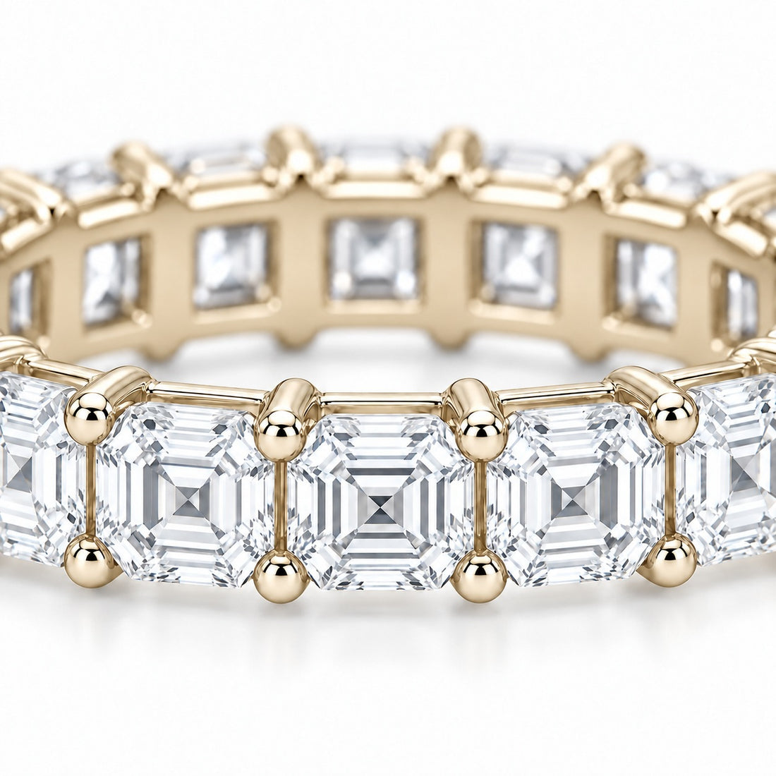 Asscher lab-grown diamond eternity band, 3.5mm, 14K yellow gold, close-up of the stones