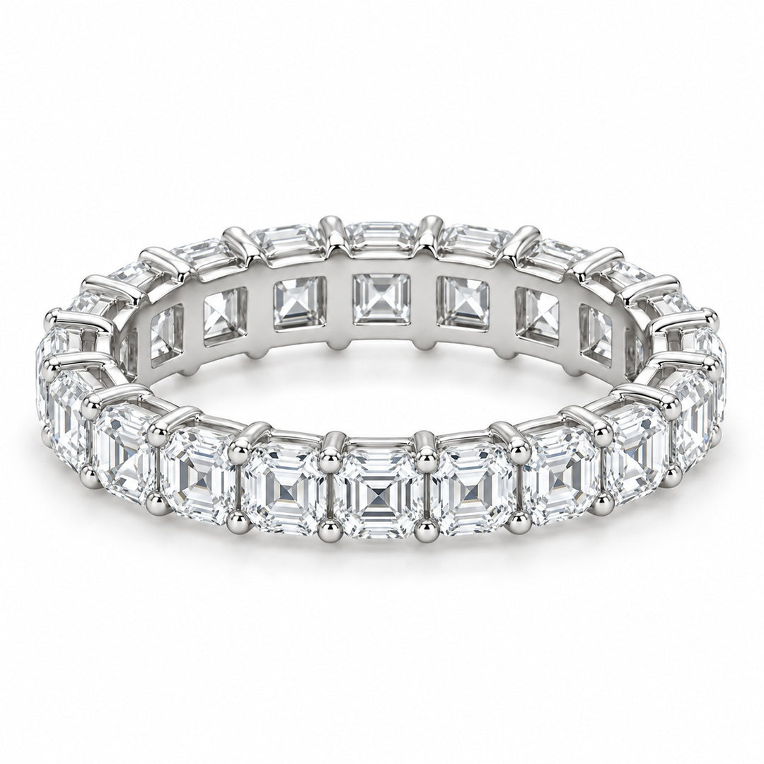 Asscher lab-grown diamond eternity band, 3.5mm, 14K white gold, angled view