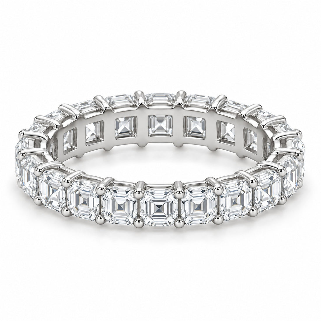Asscher lab-grown diamond eternity band, 3.5mm, 14K white gold, angled view