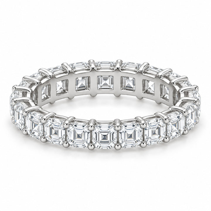 Asscher lab-grown diamond eternity band, 3.5mm, 14K white gold, angled view