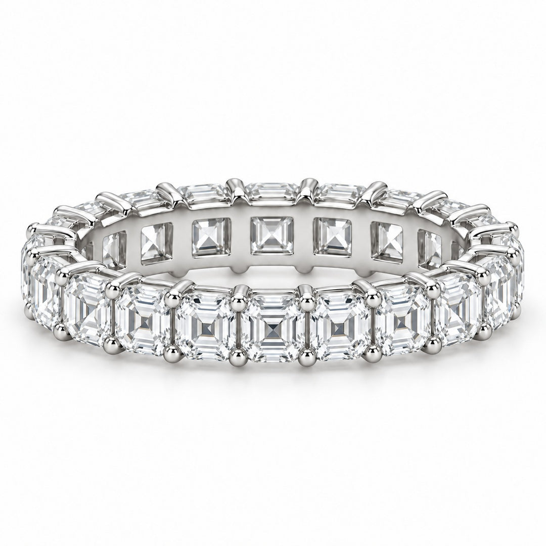 Asscher lab-grown diamond eternity band, 3.5mm, 14K white gold, front view