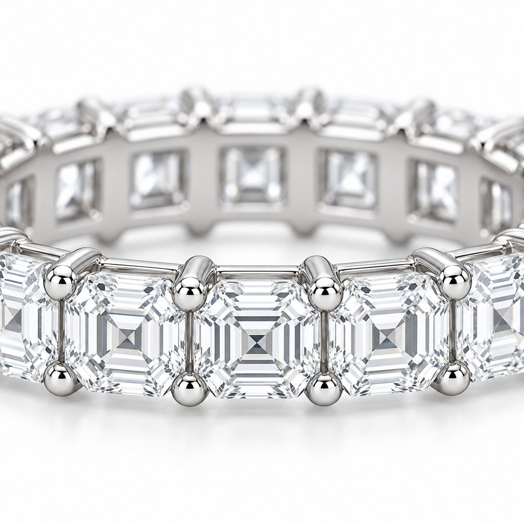 Asscher lab-grown diamond eternity band, 3.5mm, 14K white gold, close-up of the stones