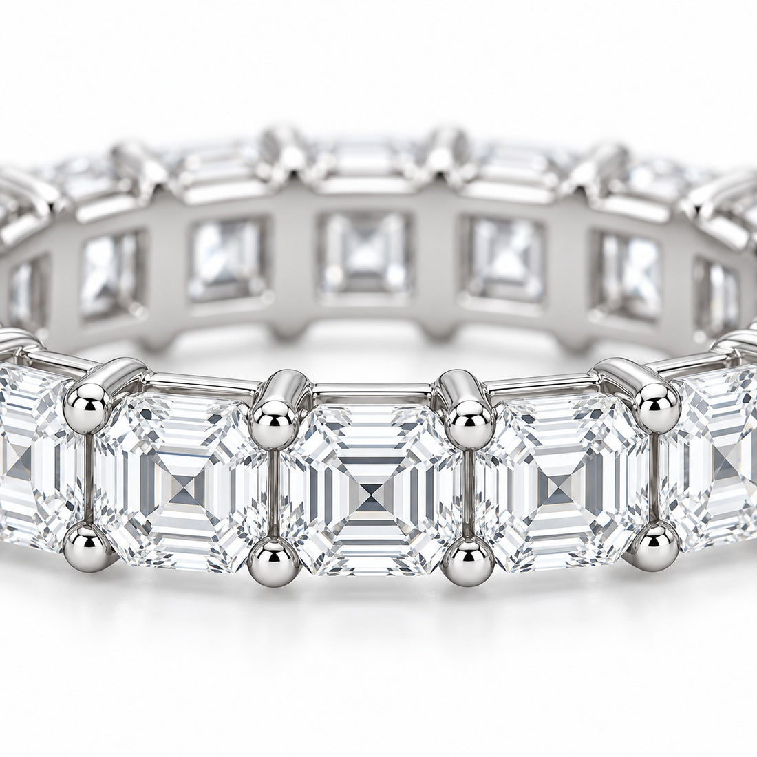 Asscher lab-grown diamond eternity band, 3.5mm, 14K white gold, close-up of the stones