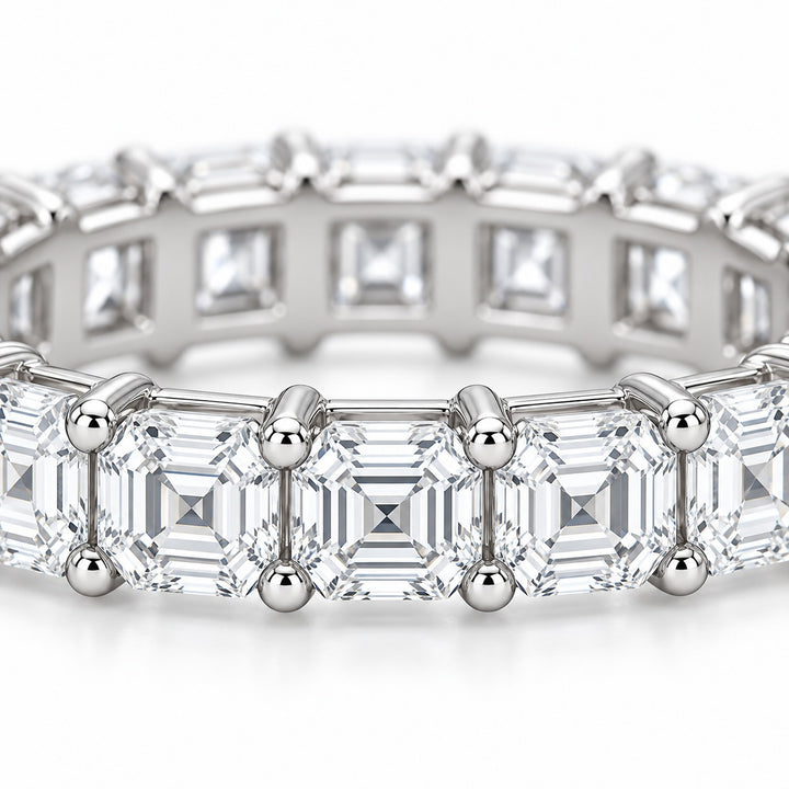 Asscher lab-grown diamond eternity band, 3.5mm, 14K white gold, close-up of the stones