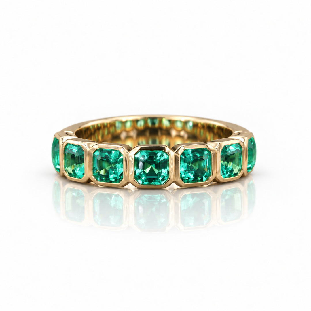 Asscher Colombian Emerald Half Eternity Band in 14K yellow gold, front