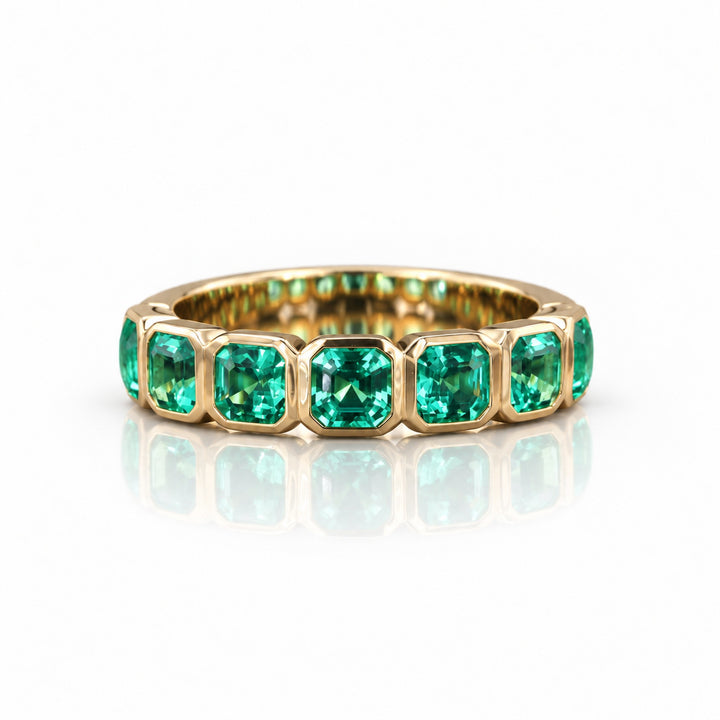 Asscher Colombian Emerald Half Eternity Band in 14K yellow gold, front