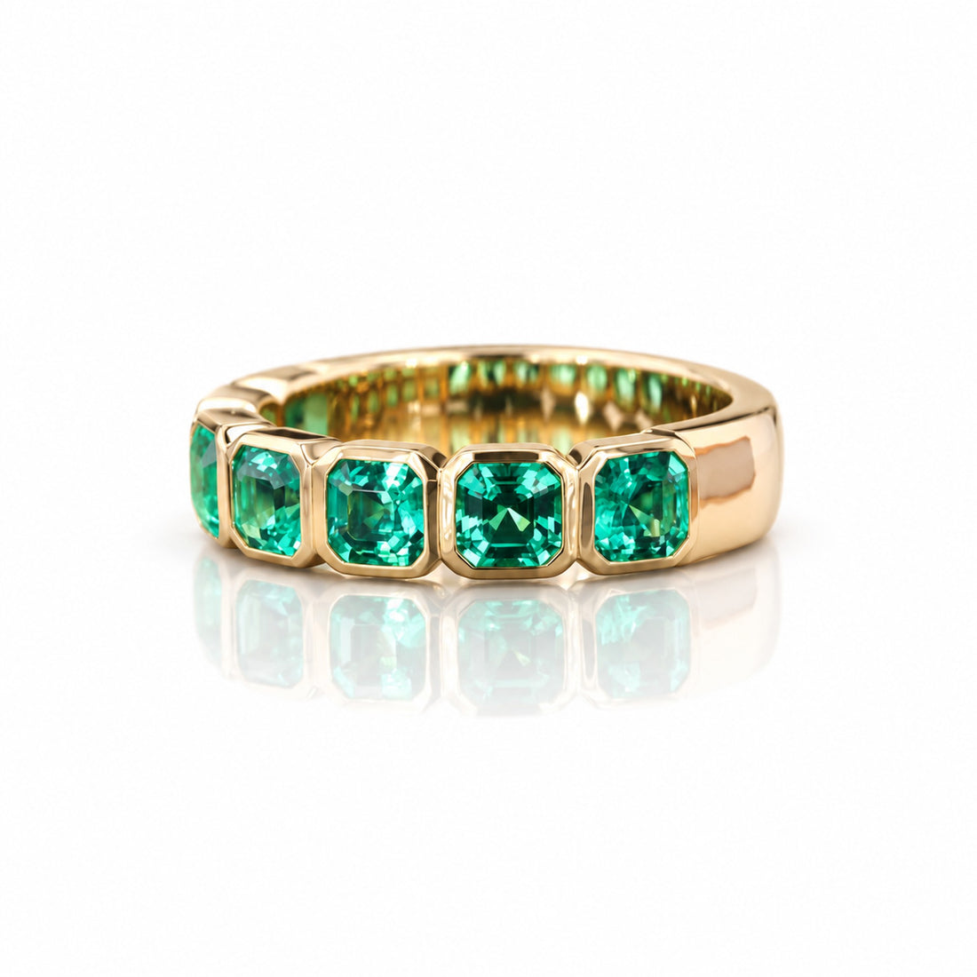 Asscher Colombian Emerald Half Eternity Band in 14K yellow gold, front