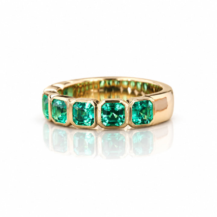 Asscher Colombian Emerald Half Eternity Band in 14K yellow gold, front