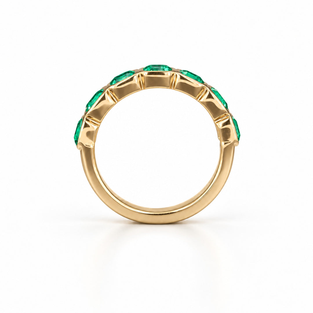 Asscher Colombian Emerald Half Eternity Band in 14K yellow gold, profile