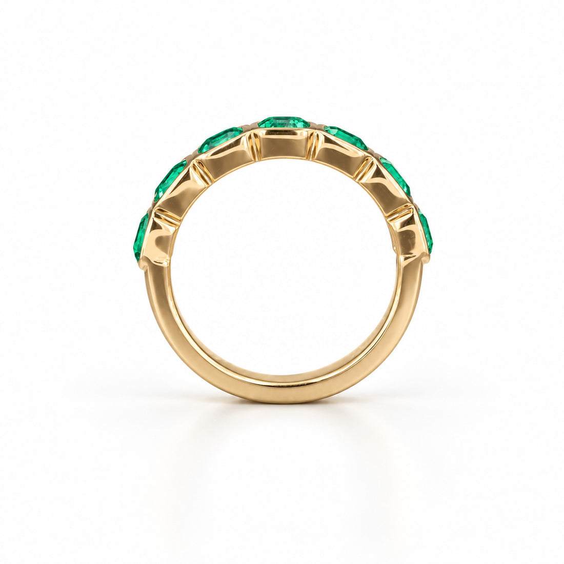 Asscher Colombian Emerald Half Eternity Band in 14K yellow gold, profile